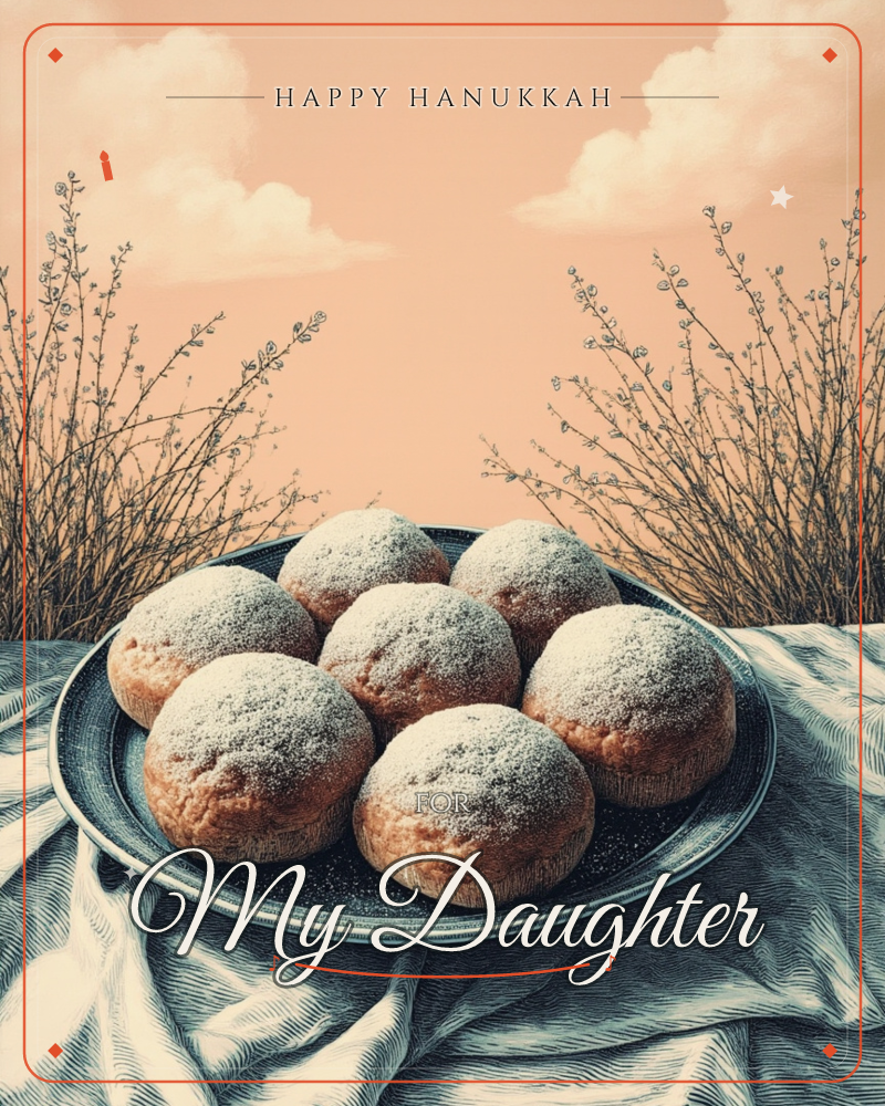 A dark plate piled with powdered-sugar buns sits on a rumpled blue-grey cloth, framed by illustrated clouds and delicate bare branches against a peach sky, a hanukkah e-card design