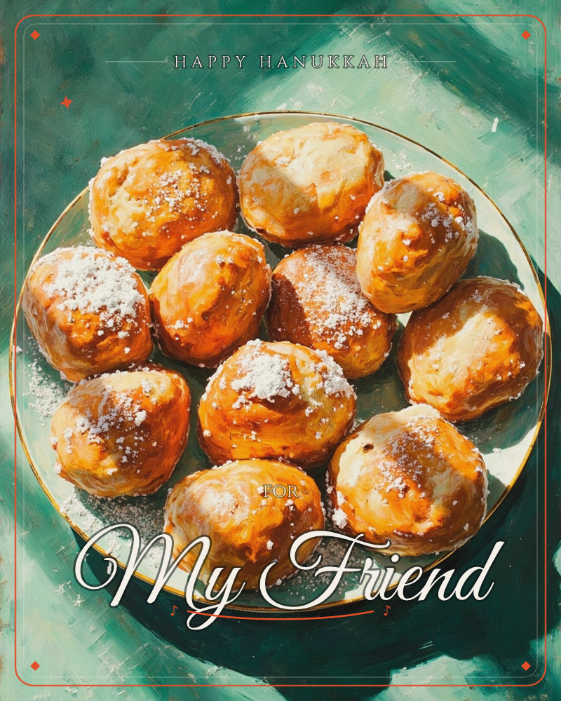 A gold-rimmed plate is piled high with golden-brown pastry buns, some dusted with sugar, sitting on a teal tablecloth, a hanukkah e-card design
