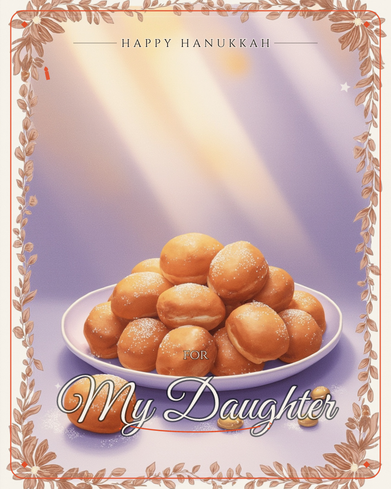 A white plate is piled high with round, sugar-dusted doughnut-like pastries, glowing golden-brown under soft diagonal beams of light against a lavender…, a hanukkah e-card design