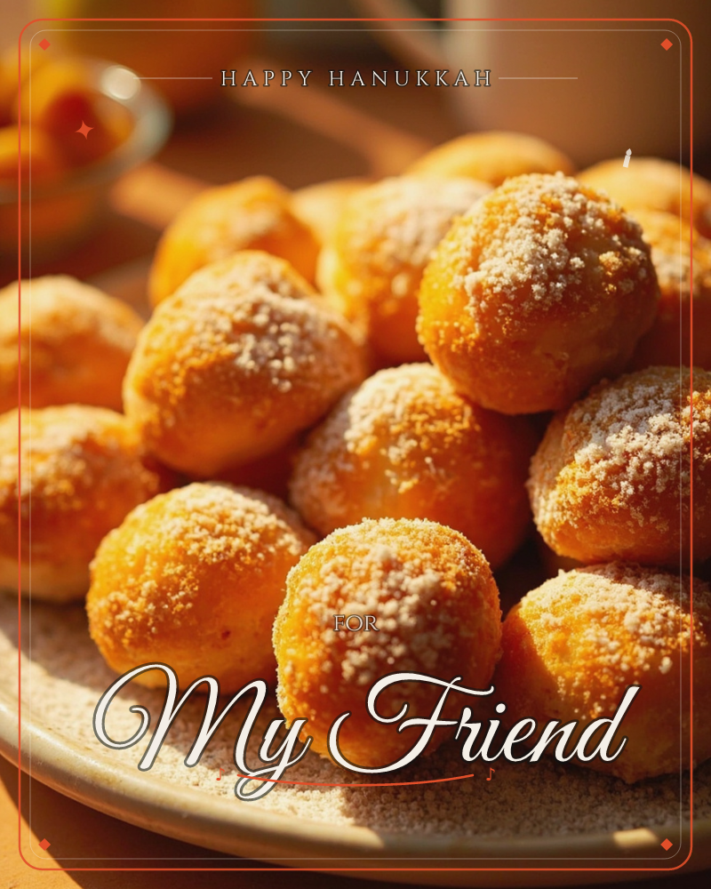 A plate is piled high with golden fried dough balls dusted in powdered sugar, caught in warm late-afternoon light on a wooden table, a hanukkah e-card design
