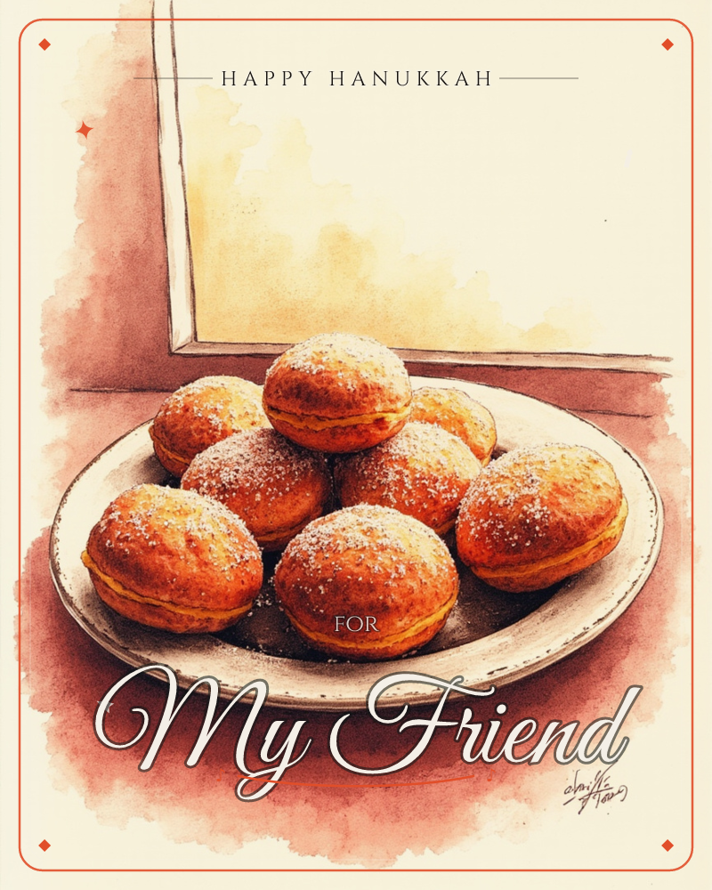 A watercolour still life shows a plate piled high with golden, powdered-sugar-dusted filled doughnuts, set on a warm terracotta table beside a sunlit…, a hanukkah e-card design