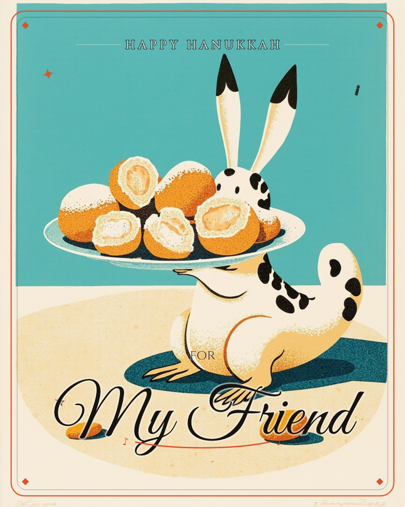 A spotted, long-eared creature balances a plate of golden cream-filled buns on its outstretched paw, sitting neatly on a sandy floor against a flat…, a hanukkah e-card design