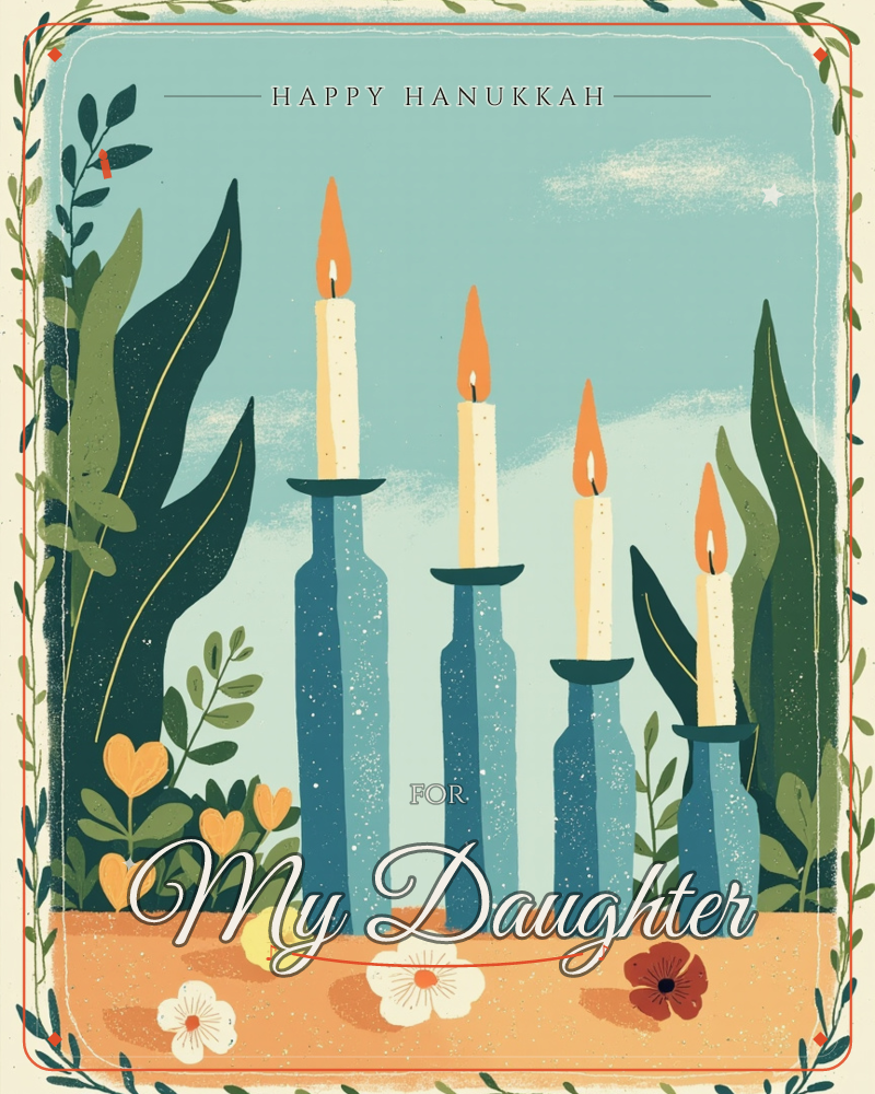 Four blue glass bottles of varying heights hold lit candles in a stepped row, set against a soft teal sky and framed by lush leaves and blossoms, a hanukkah e-card design
