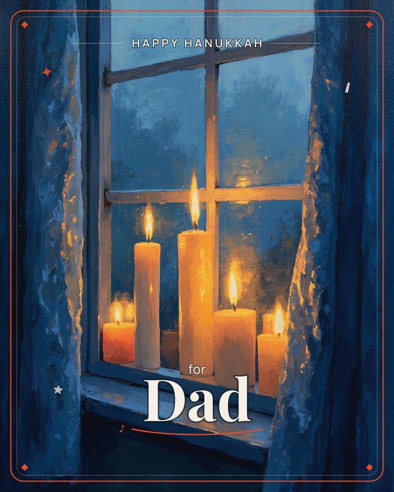 A cluster of lit candles rests on a windowsill at dusk, their flames glowing gold against a paned window and deep blue curtains pulled back on either side, a hanukkah e-card design