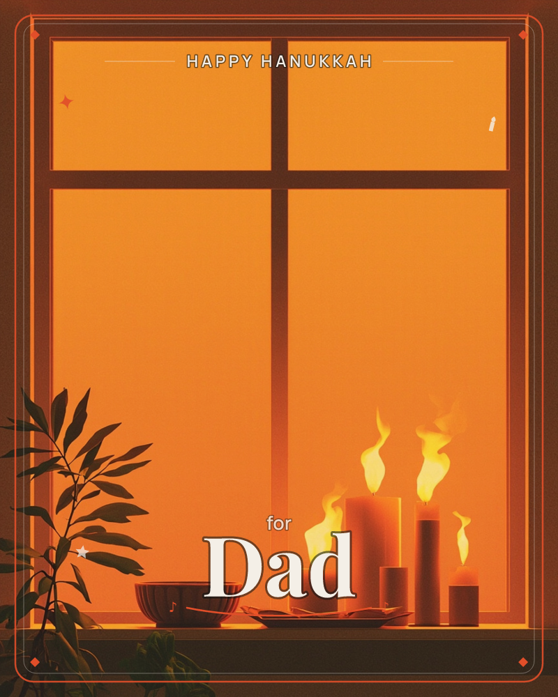 A row of lit candles sits on a windowsill silhouetted against a glowing amber pane, their flames flickering in tall wavy shapes beside a ridged bowl…, a hanukkah e-card design