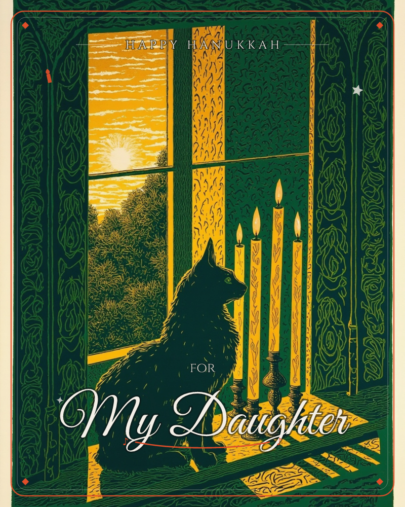 A black cat sits silhouetted on a windowsill beside four tall lit candles in mismatched holders, gazing out at a sunset glowing through distant trees, a hanukkah e-card design