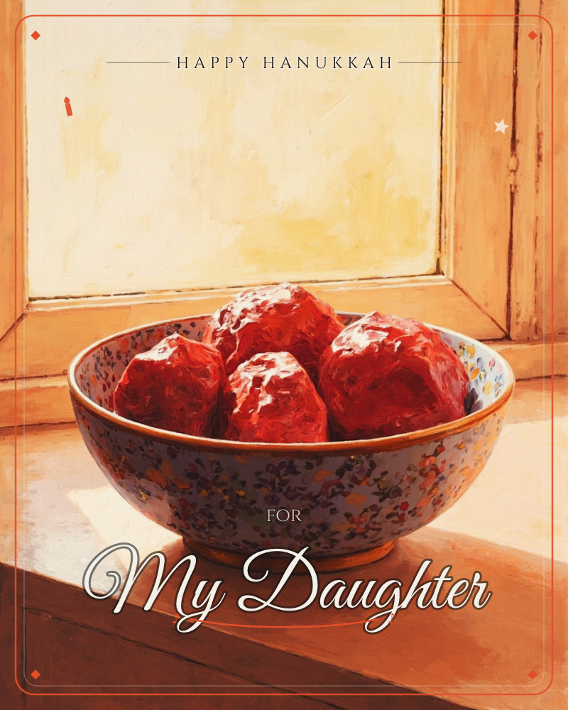 A floral-patterned bowl heaped with glossy red tomatoes sits on a wooden windowsill, bathed in warm afternoon sunlight, a hanukkah e-card design