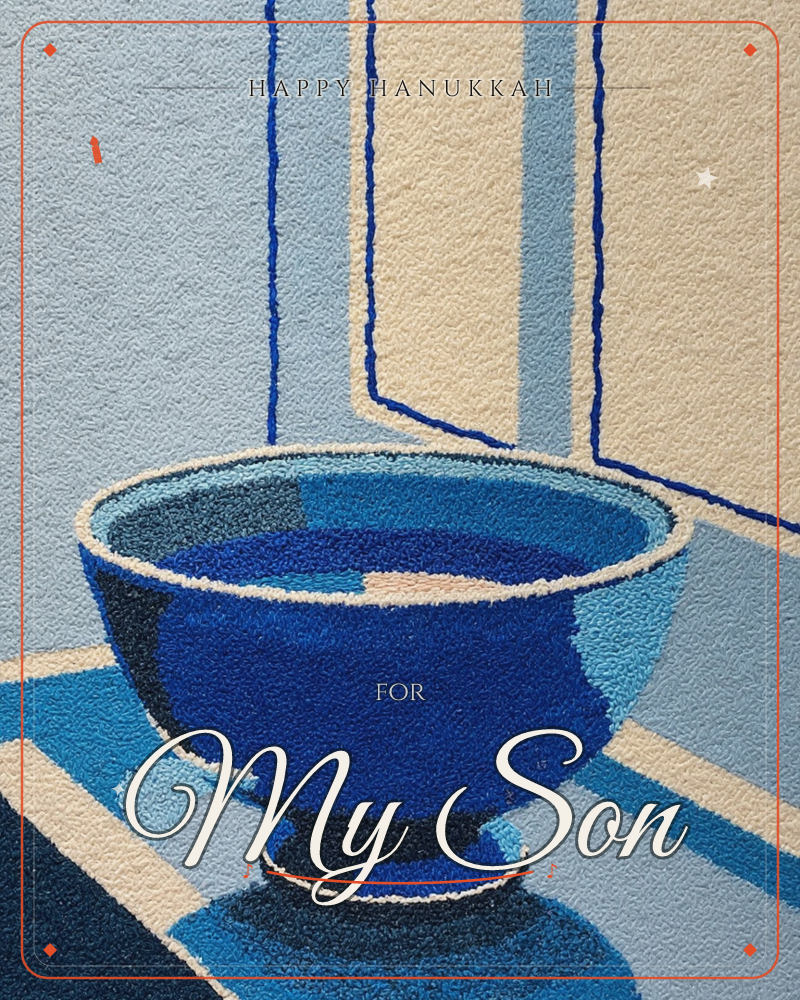 A single blue pedestal bowl sits on a striped cloth against a wall marked with thin cobalt lines like a stylised window frame, a hanukkah e-card design