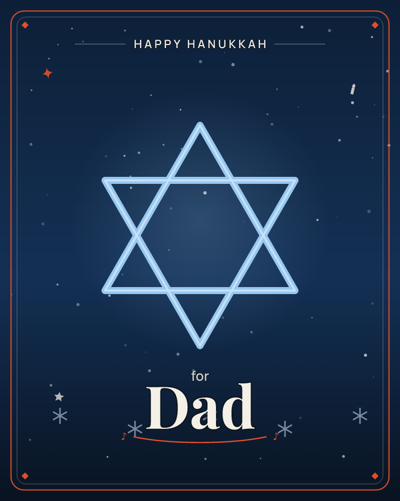 A six-pointed star drawn in pale blue line against a deep winter sky, with snowflakes drifting below it, a hanukkah e-card design