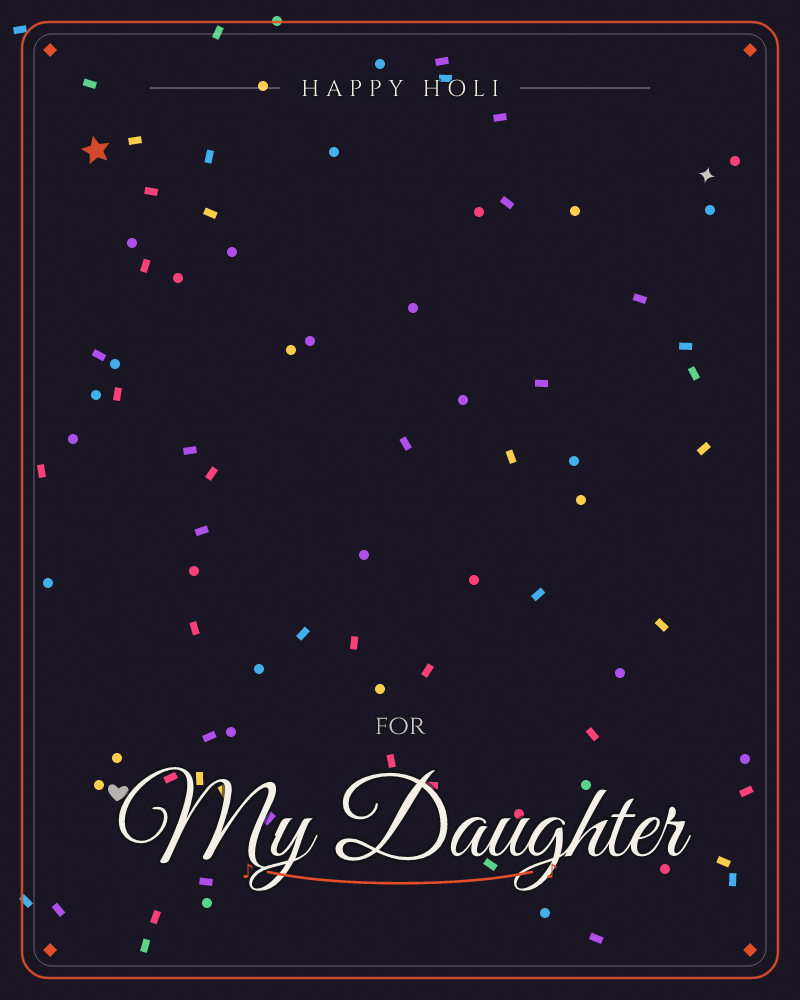 A deep midnight-black background is scattered with tiny confetti pieces in pink, gold, blue, purple and green, some round dots and some small…, a holi e-card design by @DittyCityTeam