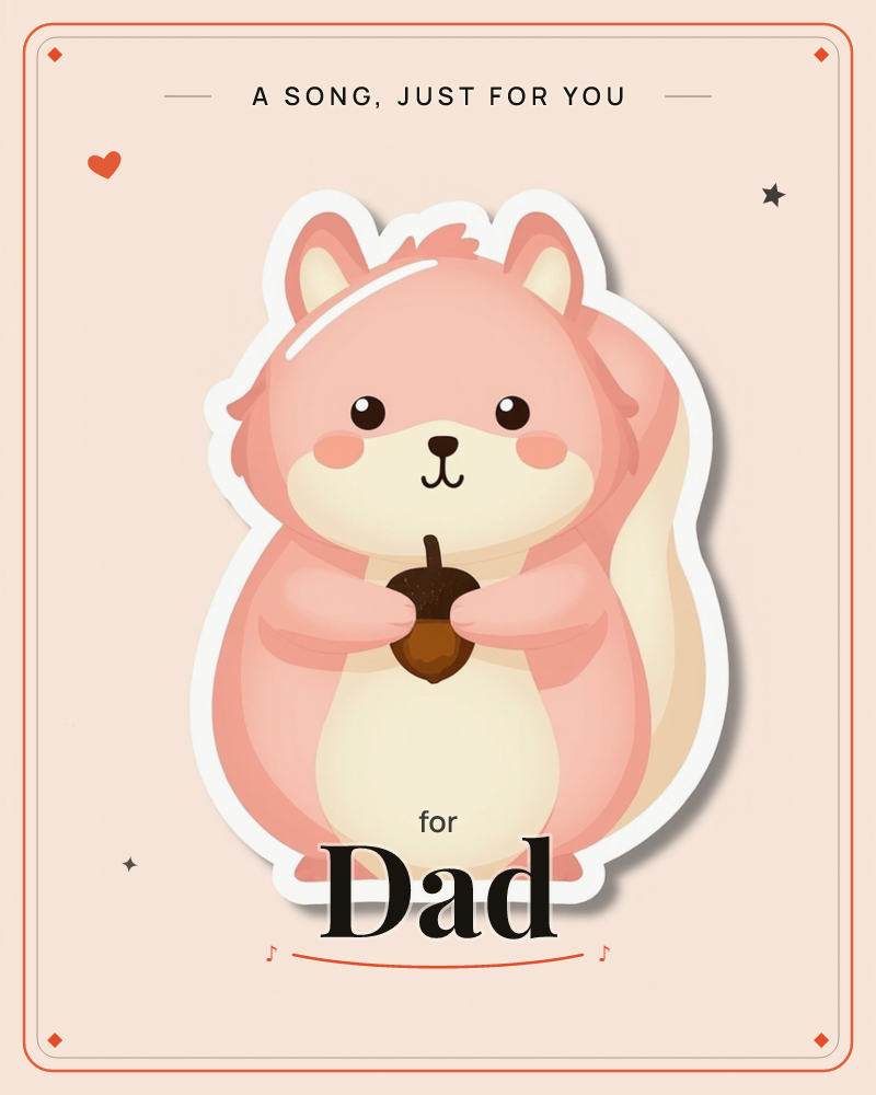 A round-bellied pink squirrel sticker sits on a soft peach background, its bushy tail curled behind it and a fluffy tuft standing up on its head, a just because e-card design