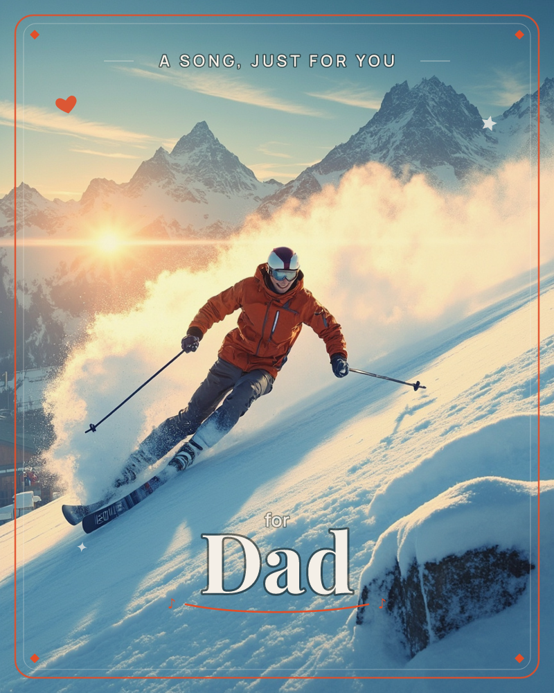 A skier in a bright orange jacket carves down a steep snowy slope, kicking up a spray of powder that glows against the low sun, a just because e-card design
