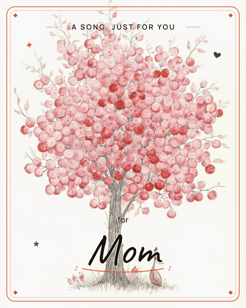 A slender tree stands on a plain white ground, its branches heavy with round pink and red berries or apples clustered like blossoms, a just because e-card design