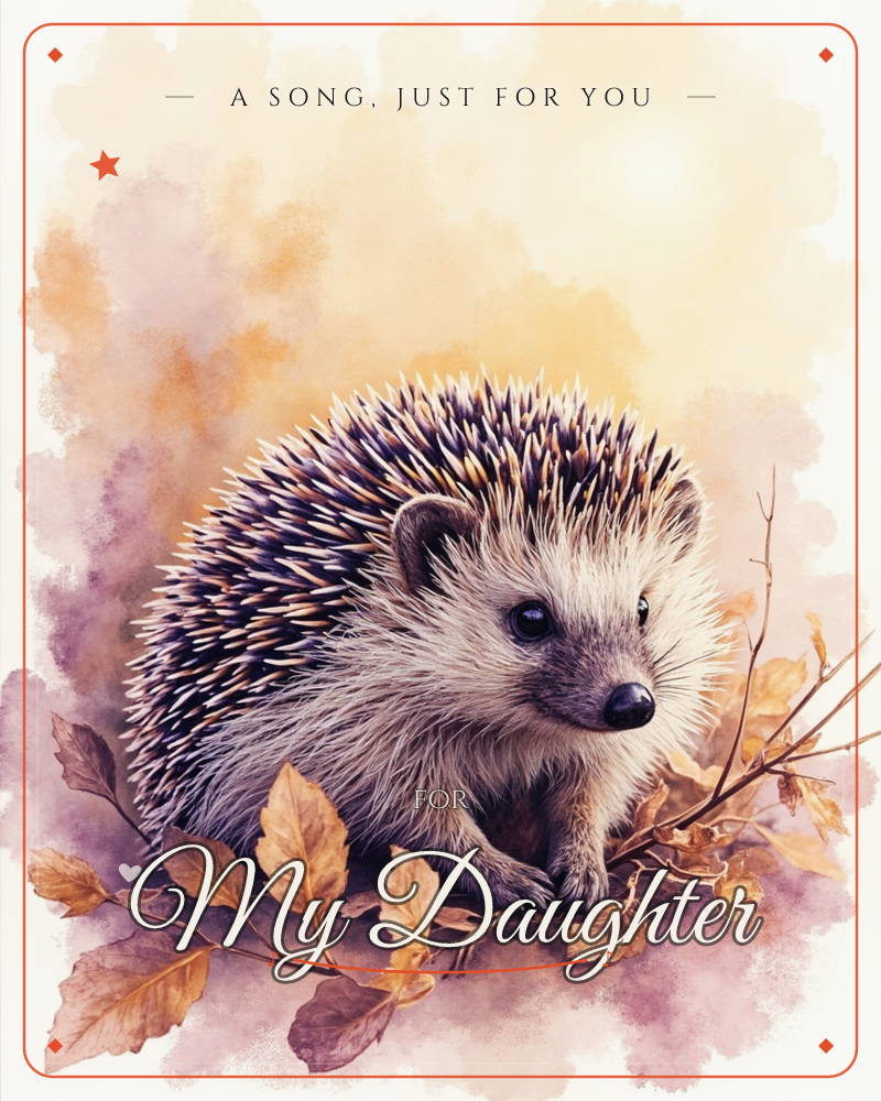 A small hedgehog sits among scattered autumn leaves and bare twigs, its dark eyes and nose bright against a soft cloud of watercolour peach, lilac and…, a just because e-card design
