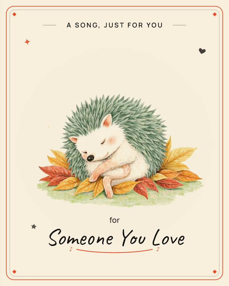 A round little hedgehog naps curled into a ball, its teal-grey spines forming a tidy dome above a blushing pink face and folded paws, a just because e-card design