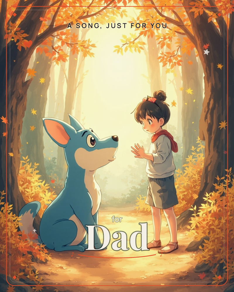 A child with hair tied in a bun stands clasping her hands together, face to face with a large blue-furred dog-like creature on a sunlit forest path, a just because e-card design