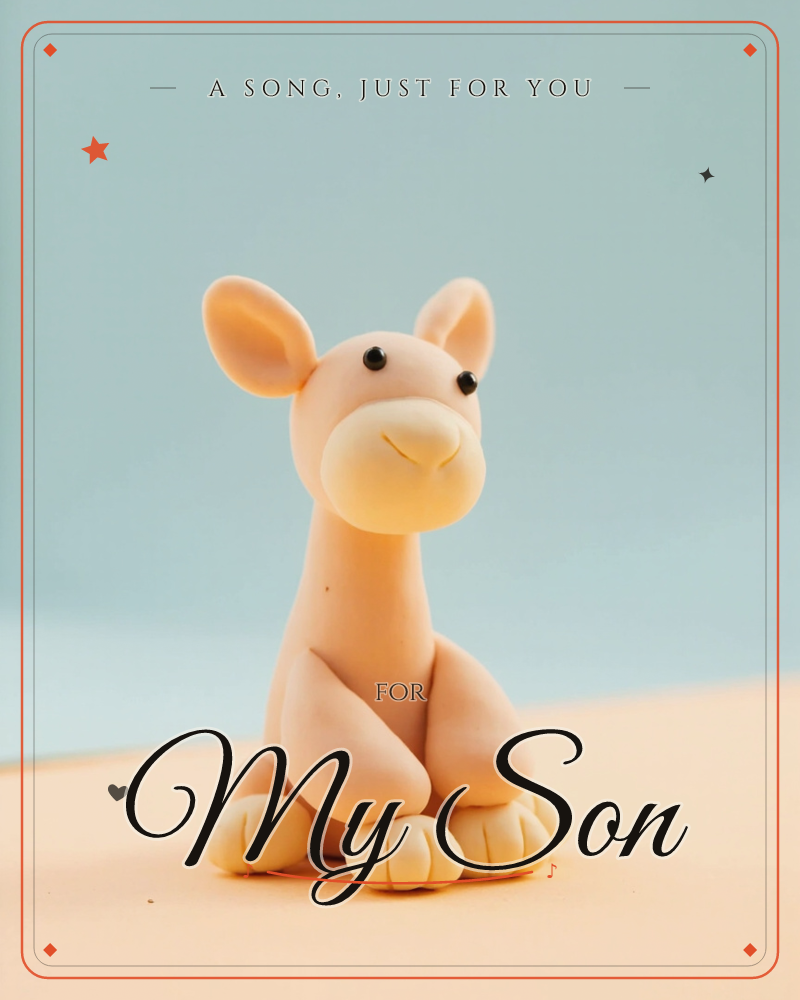 A small clay figure of a camel or long-necked creature sits front and centre, sculpted in soft peach tones with tiny bead eyes and a gentle smile, a just because e-card design