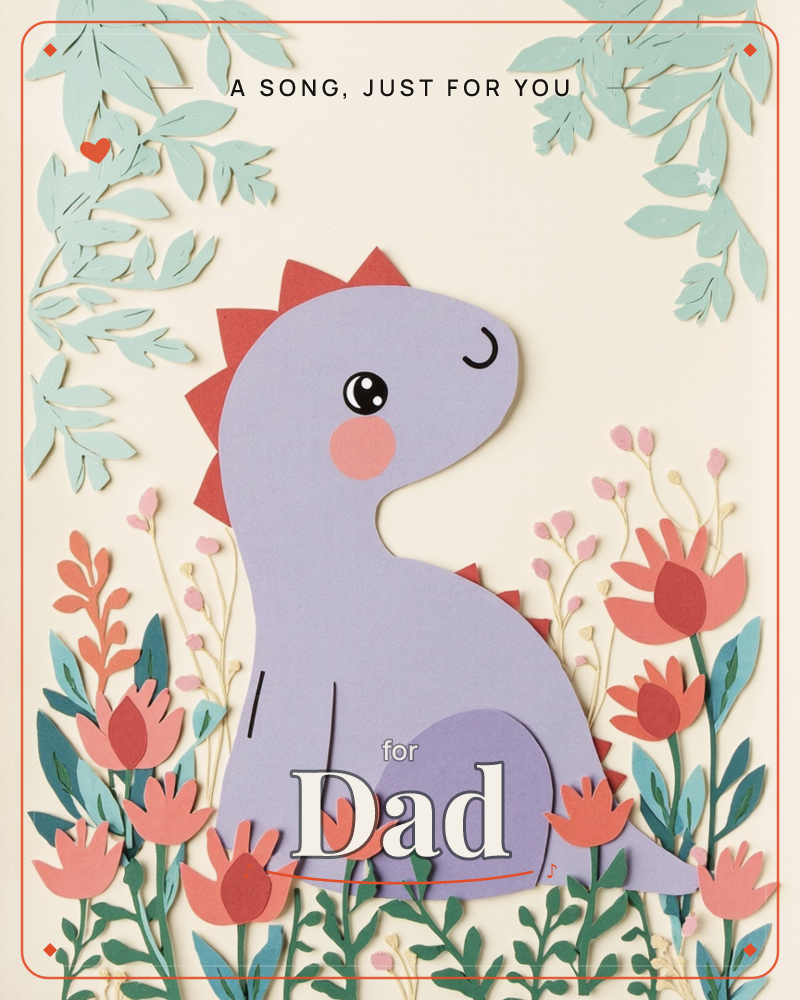 A cheerful lavender paper-cut dinosaur sits with closed eyes and a rosy blushed cheek, surrounded by layered paper leaves and coral flowers on a cream…, a just because e-card design