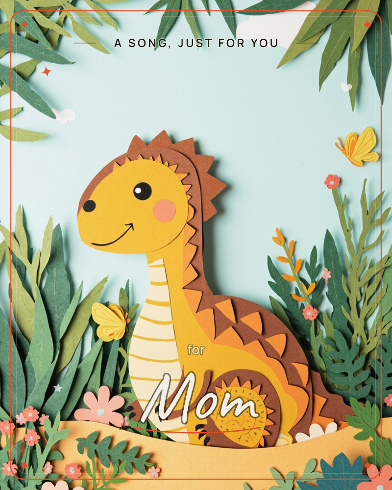A cheerful yellow-orange dinosaur with brown spikes and rosy cheeks sits smiling amid layered paper foliage, its striped cream belly facing forward, a just because e-card design