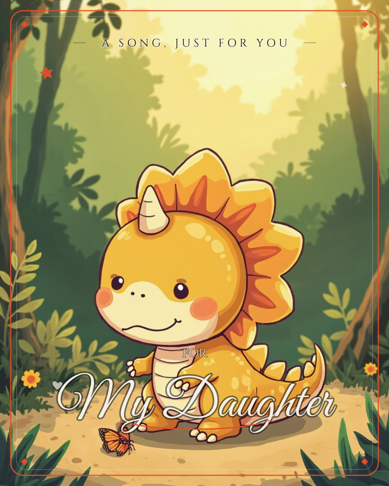 A round-cheeked baby triceratops in golden orange stands on a sunlit forest path, its frilled head tilted curiously toward a small orange butterfly…, a just because e-card design