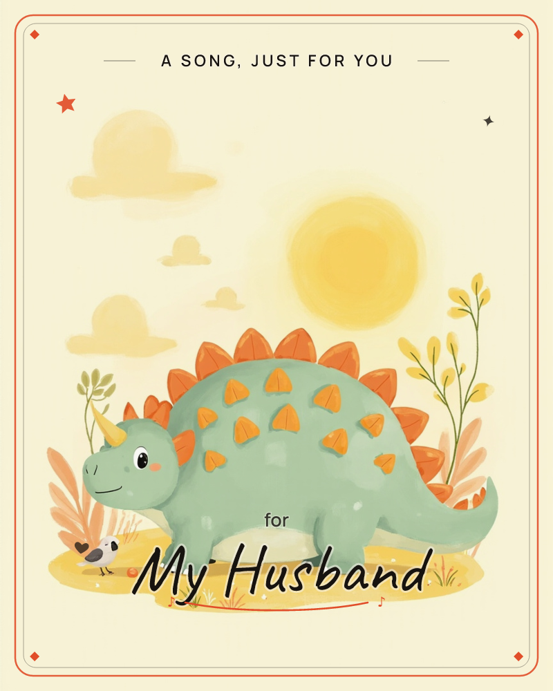 A friendly sage-green dinosaur with orange plated spikes stands under a warm yellow sun, its round belly and blushing cheeks giving it a soft, cuddly look, a just because e-card design
