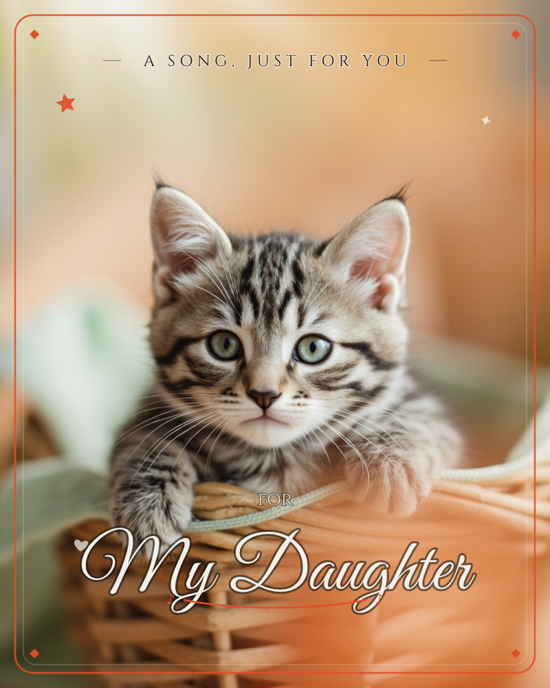 A tabby kitten peers over the rim of a woven wicker basket, paws draped forward on the rope trim, a just because e-card design