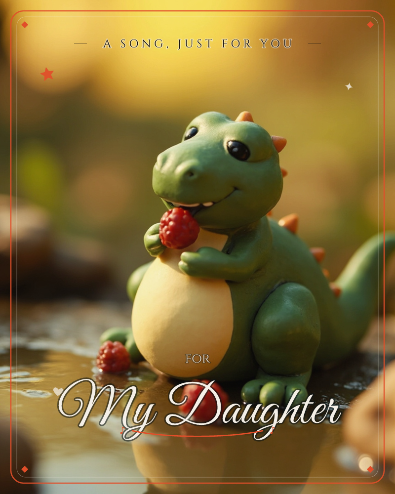 A small green dinosaur figure with a cream belly and orange back spikes sits on a wet, reflective surface, holding a raspberry up to its smiling mouth, a just because e-card design