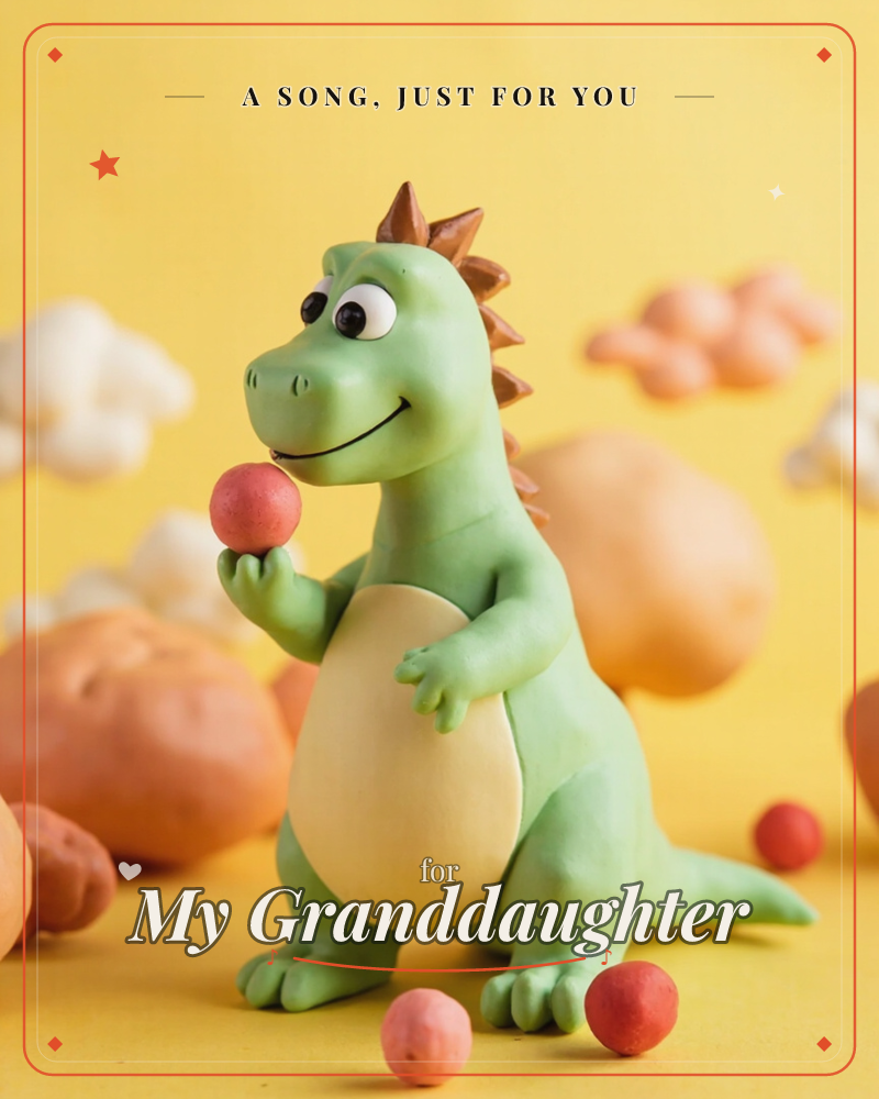 A cheerful clay-sculpted green dinosaur with a cream belly and brown spiked back stands against a bright yellow backdrop, holding a small red ball in…, a just because e-card design