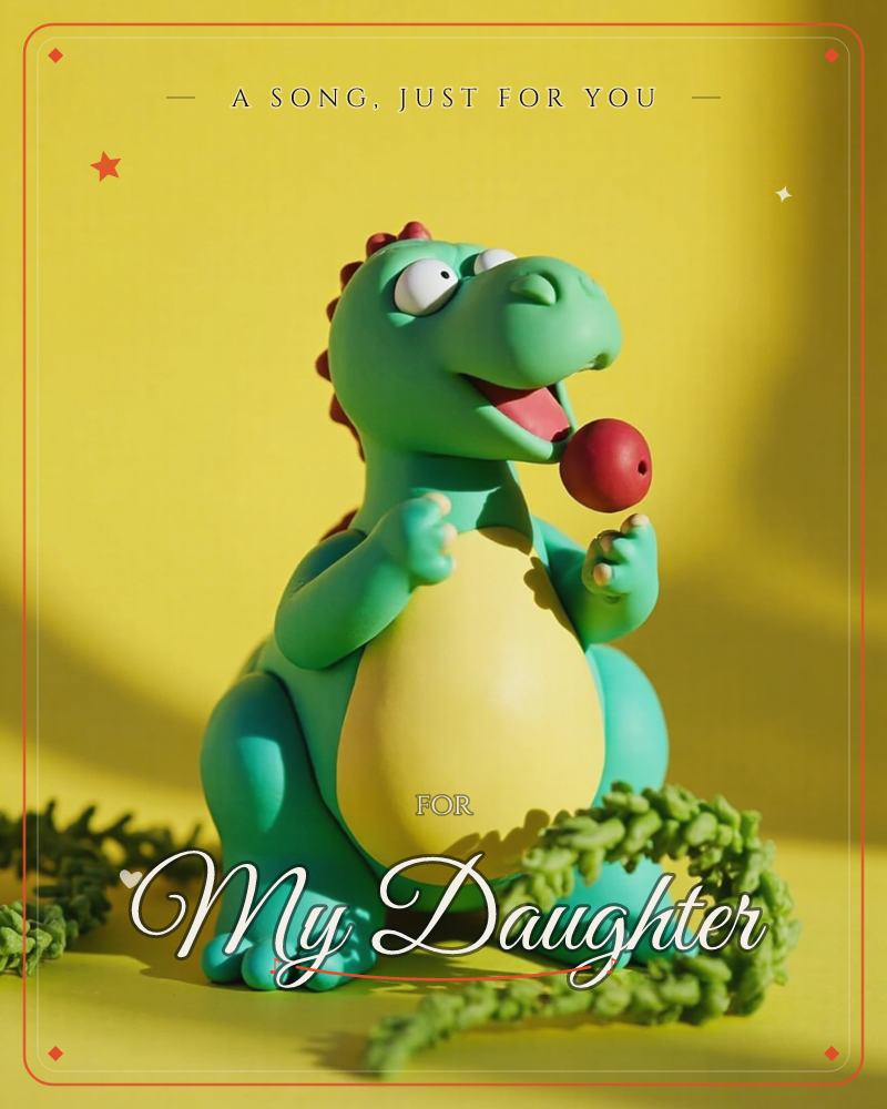 A pudgy green dinosaur figure with a bright yellow belly stands grinning against a bold yellow backdrop, holding up a small red berry between its claws, a just because e-card design