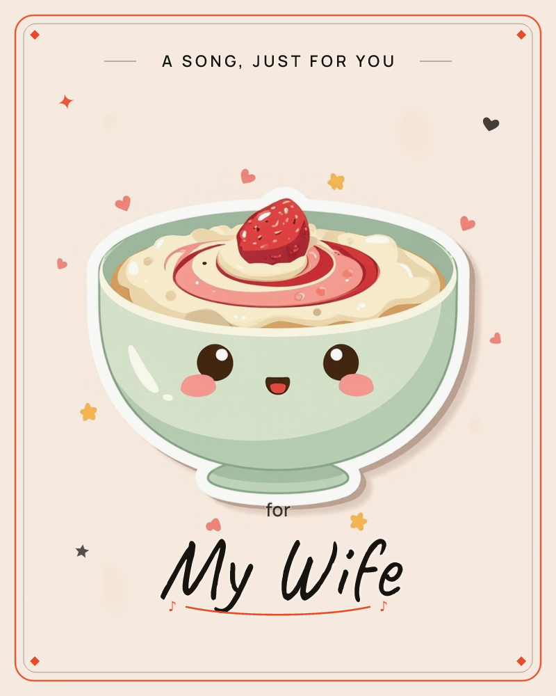 A sage-green bowl with a happy, rosy-cheeked face sits filled with creamy porridge swirled with pink sauce and topped with a single strawberry slice, a just because e-card design