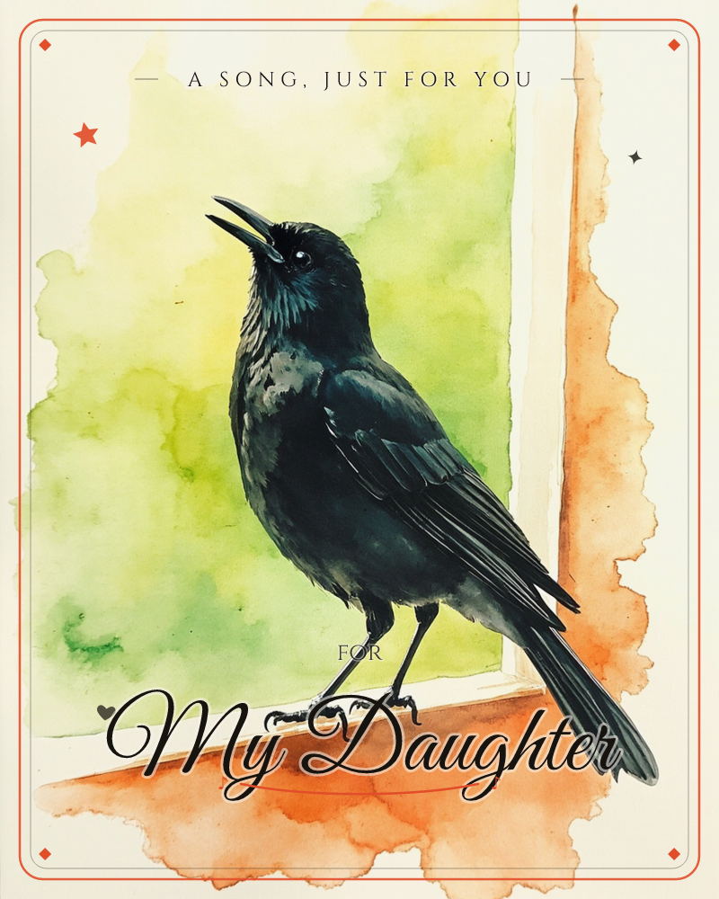 A watercolour crow stands in profile with its beak open mid-call, glossy black feathers catching hints of blue and grey, a just because e-card design
