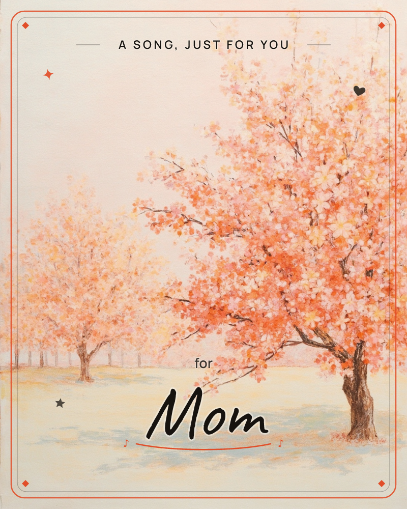 A soft painterly landscape shows a row of blossoming trees in a hazy open field, their branches heavy with peach and coral-pink flowers, a just because e-card design