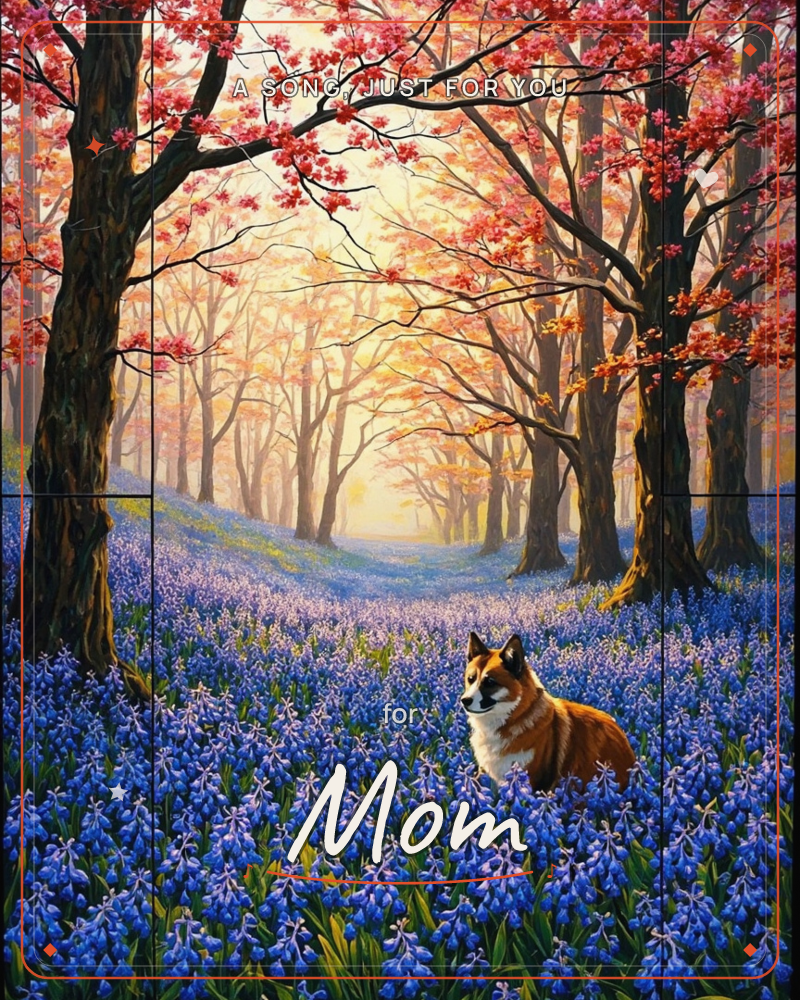A corgi sits amid a sweeping carpet of bluebells in a sunlit woodland, framed by trees whose branches burst with pink and red blossom overhead, a just because e-card design