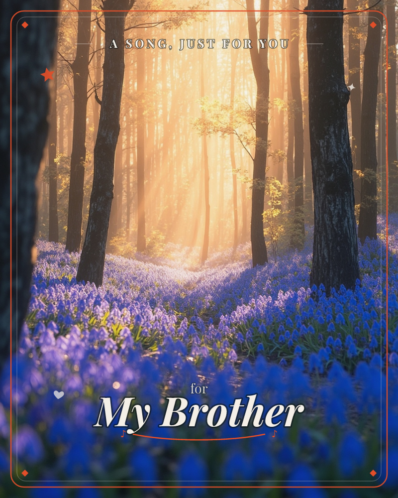 A woodland floor is carpeted with deep blue and violet bluebells, while tall dark tree trunks stand silhouetted against golden morning light streaming…, a just because e-card design
