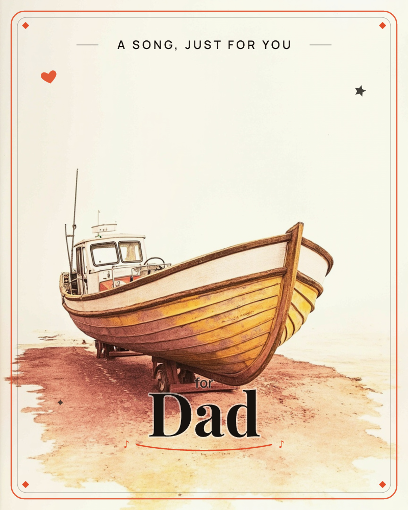 A wooden fishing boat sits beached on wet sand, its varnished hull glowing amber under a hazy, washed-out sky, a just because e-card design