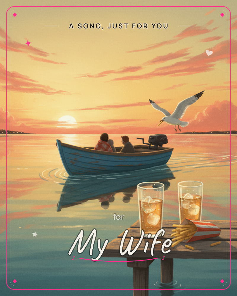 A small blue rowboat with a motor drifts on still water as two figures sit close together watching the sun sink into the horizon, a just because e-card design by @DittyCityTeam