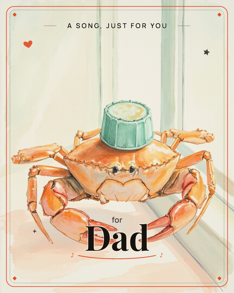 An orange crab sits front and centre with a small teal bottle cap balanced on its shell like a tiny hat, its claws spread wide and its little eyes…, a just because e-card design