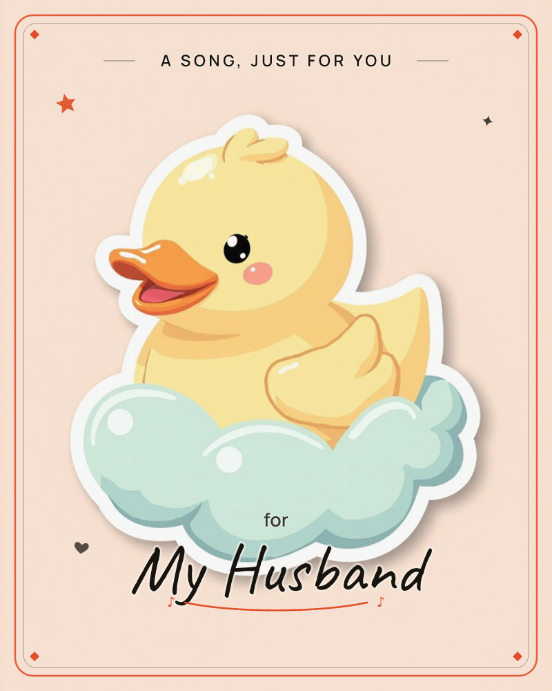 A cheerful yellow rubber duck sticker perches on a fluffy pale blue cloud, set against a soft peach background, a just because e-card design