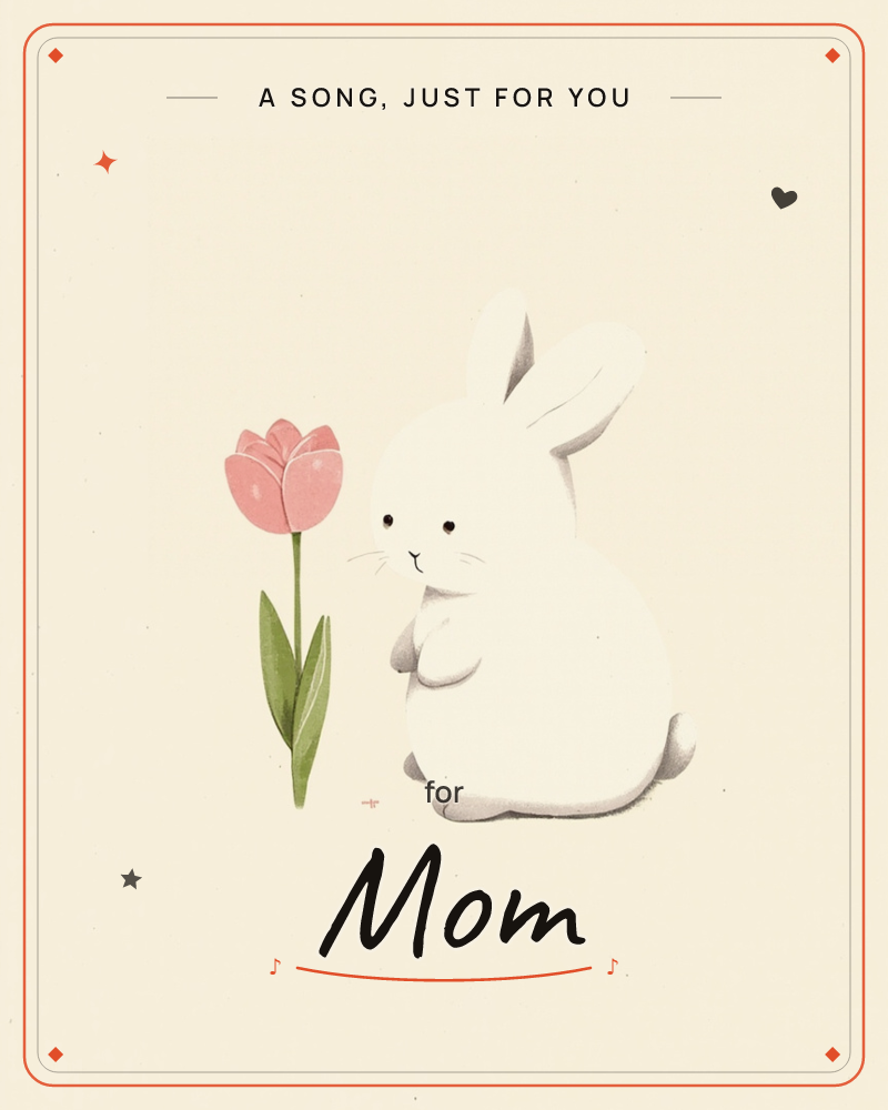 A plump white rabbit sits quietly beside a single pink tulip in full bloom, its small paws tucked against its chest, a just because e-card design