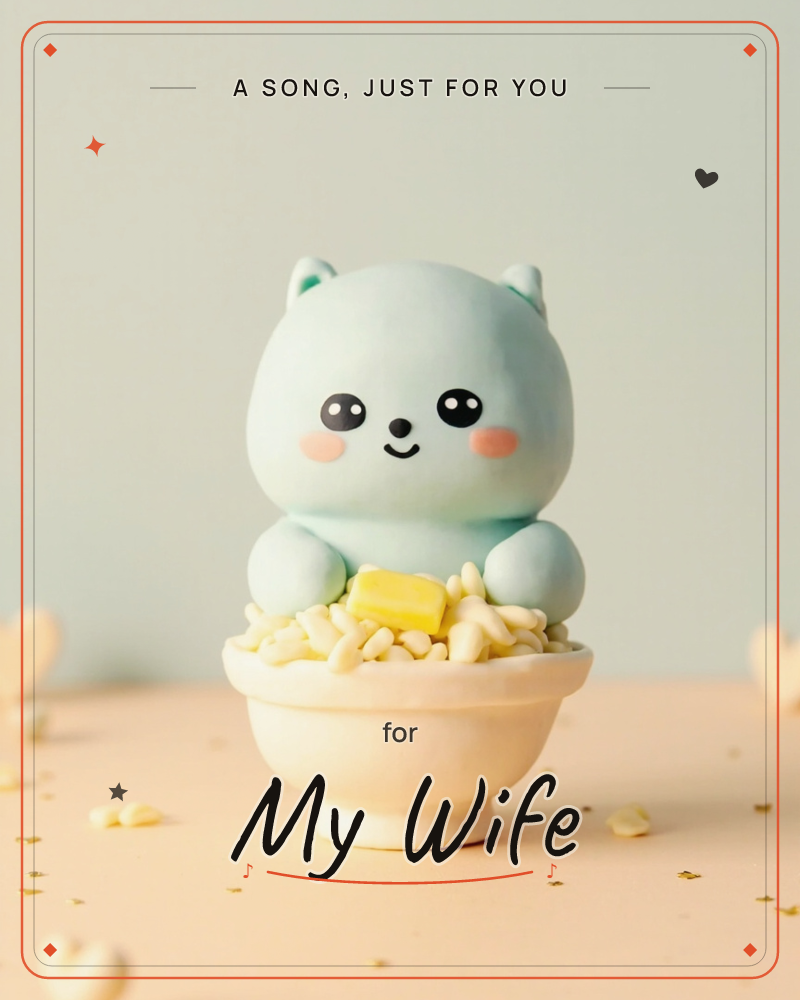 A pale mint-green toy bear with rosy cheeks sits cross-legged inside a small ceramic bowl of cereal, a little pat of butter balanced in its lap, a just because e-card design