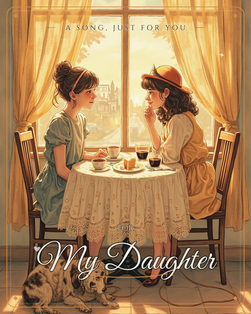 Two women sit at a small lace-covered table by a large window, sharing coffee and a slice of cake as golden evening light pours in behind them, a just because e-card design