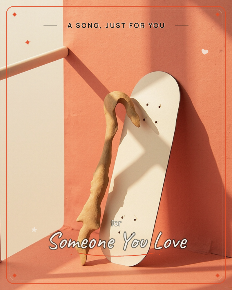 A blank white skateboard deck leans against a warm coral-toned wall, propped up beside a twisted, gnarled piece of driftwood-like sculpture, a just because e-card design