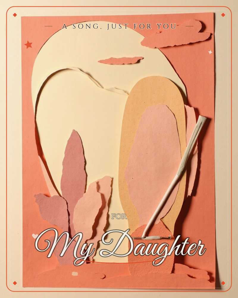 A layered paper-cut illustration builds a soft desert scene: a pale cream hill or dune rises behind rounded coral and peach shapes, with a spiky pink…, a just because e-card design