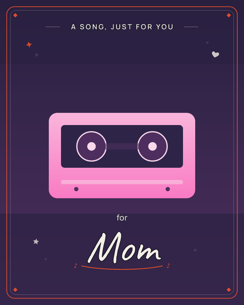 A pink cassette tape glows against a deep purple-black gradient background, its two reels and dark window rendered in flat, simplified shapes, a just because e-card design by @DittyCityTeam