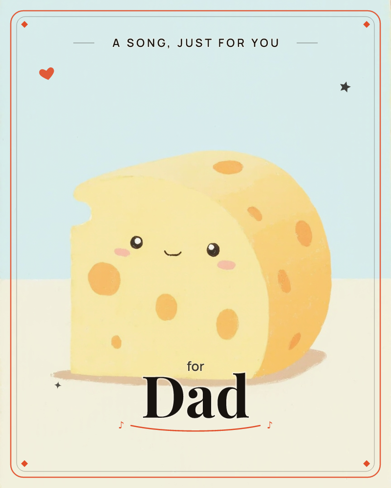 A rounded wedge of pale yellow cheese sits alone against a soft sky-blue background, its surface dotted with orange holes and a small bite taken out of…, a just because e-card design