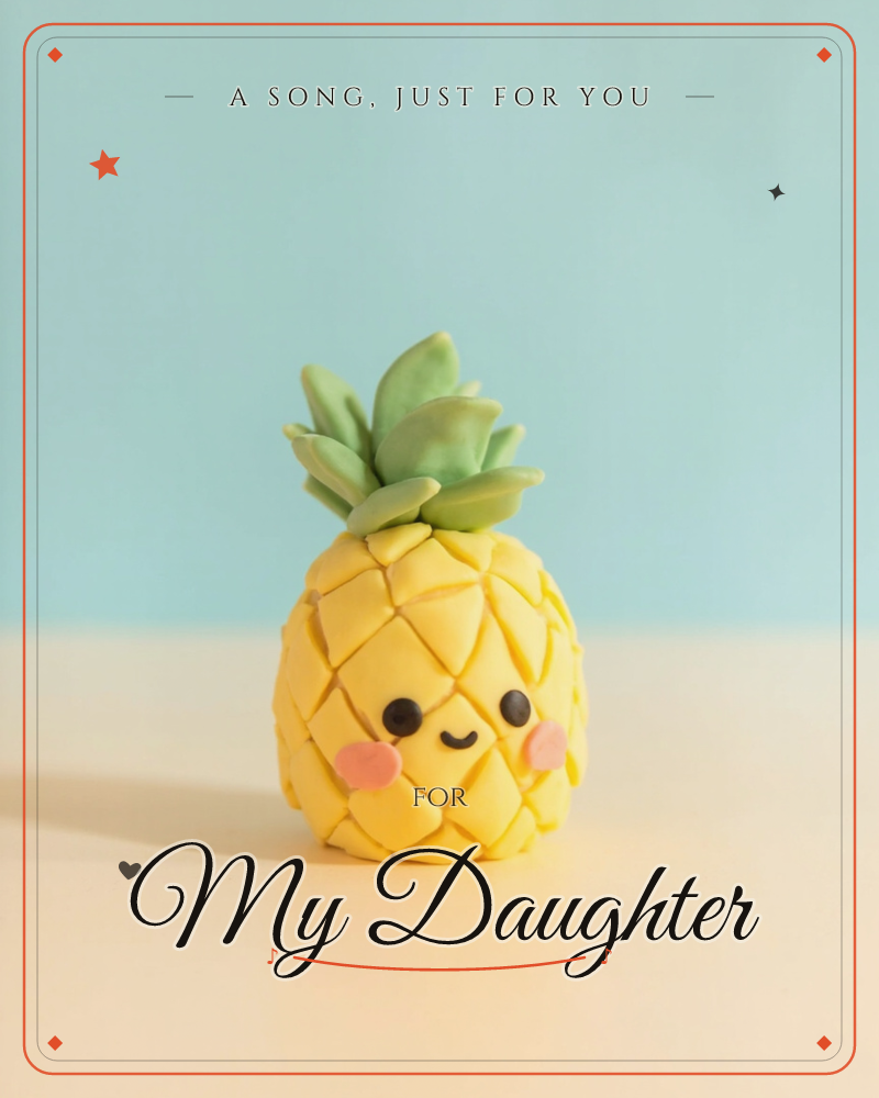 A tiny clay pineapple with a smiling face and rosy cheeks sits on a pale cream surface against a soft turquoise background, a just because e-card design