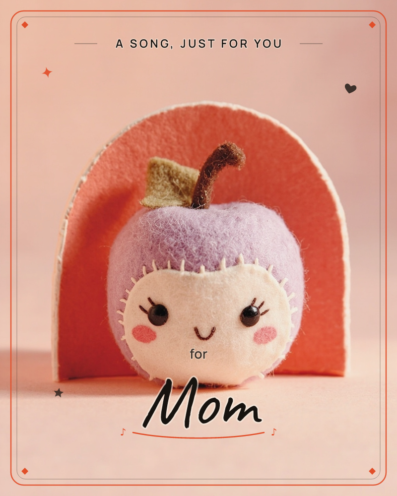 A little felt plum with a smiling stitched face and rosy cheeks sits propped against a coral felt arch, all set on a soft peach backdrop, a just because e-card design