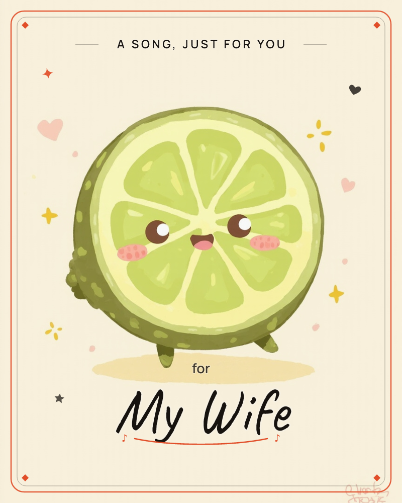 A round slice of lime, cut through to show its segmented flesh, stands on two tiny legs with a happy, blushing face, a just because e-card design