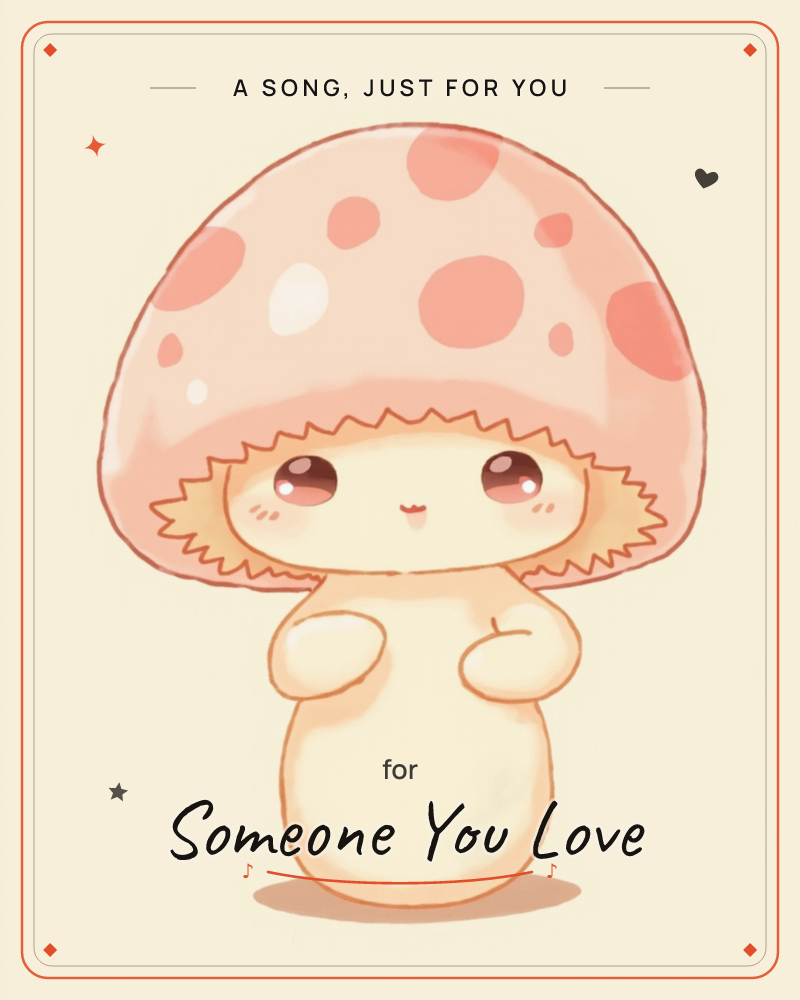 A round-bodied mushroom character with a big spotted pink cap and tiny stubby arms stands alone against a plain warm cream background, a just because e-card design