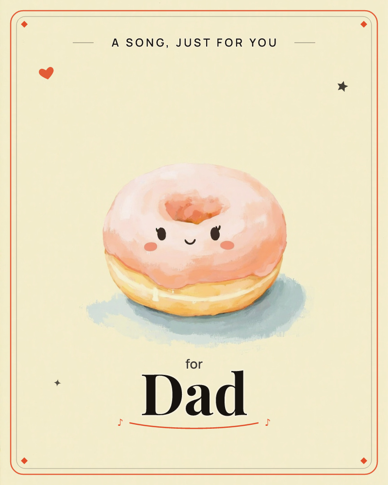 A single glazed doughnut sits centre stage on a soft pale yellow background, its pink icing painted with a happy little face and rosy cheeks, a just because e-card design